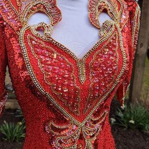 Ruby red silk beaded evening gown prom wedding special occasion